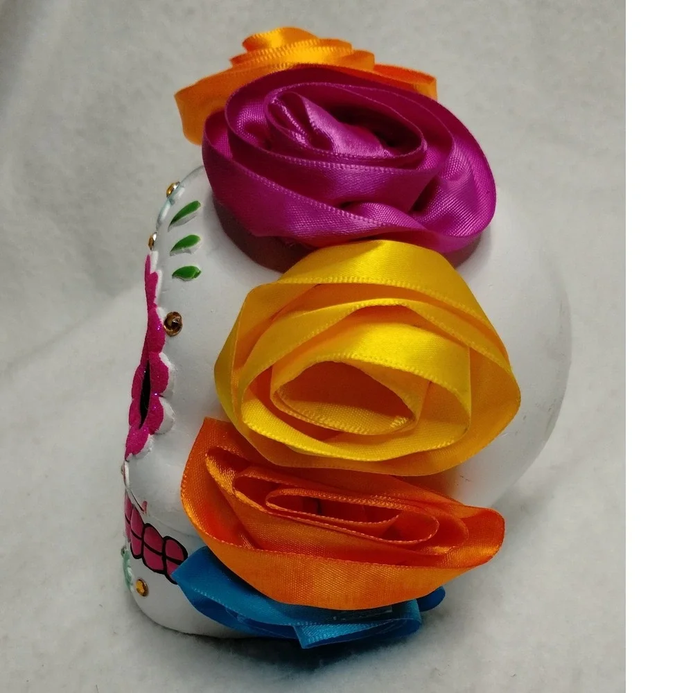 Día de los Muertos Sugar Skull Figurine w/ Satin Flowers‎ & Rhinestones Decor